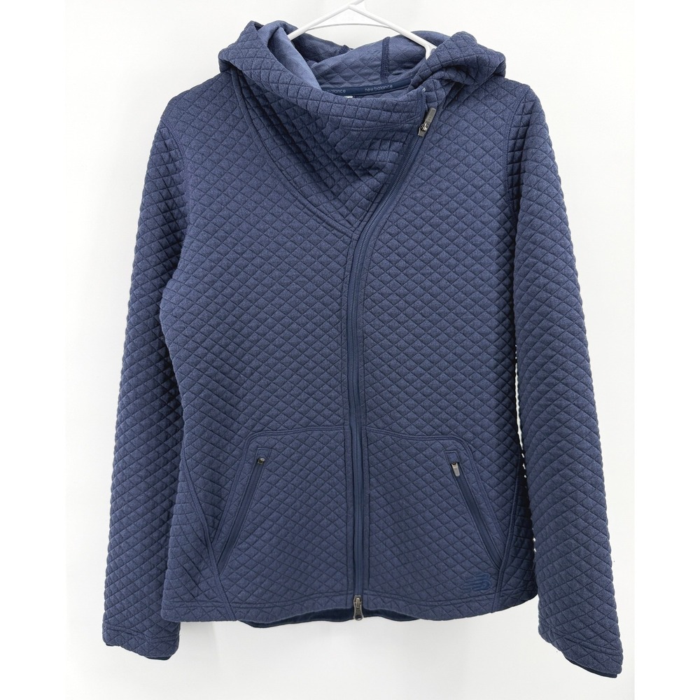 New Balance NB Heat Hoodie Navy Blue Quilted Asymmetric Zip Jacket Sport Women M